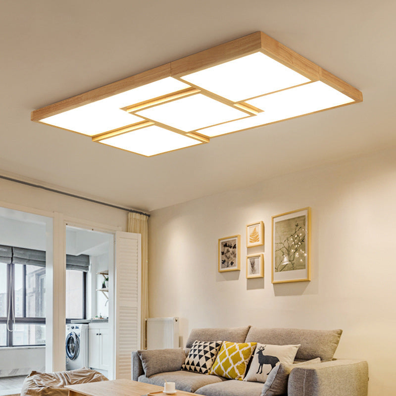 Geometric Wooden Flush Light - Modern Beige LED Fixture for Living Room Ceiling