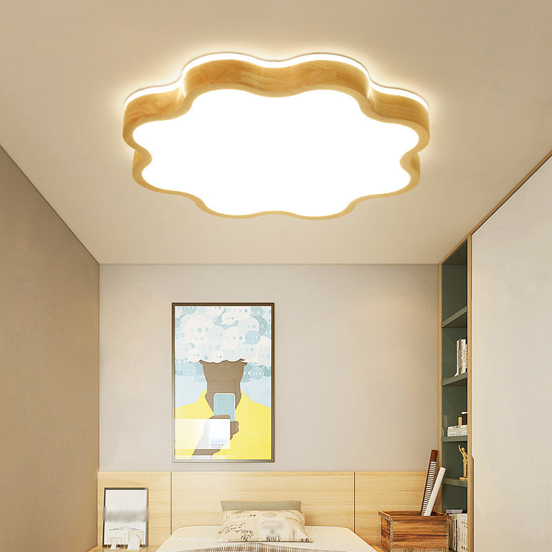 Wooden Flower Flush Mount Light with Simple Beige LED - Bedroom Lighting