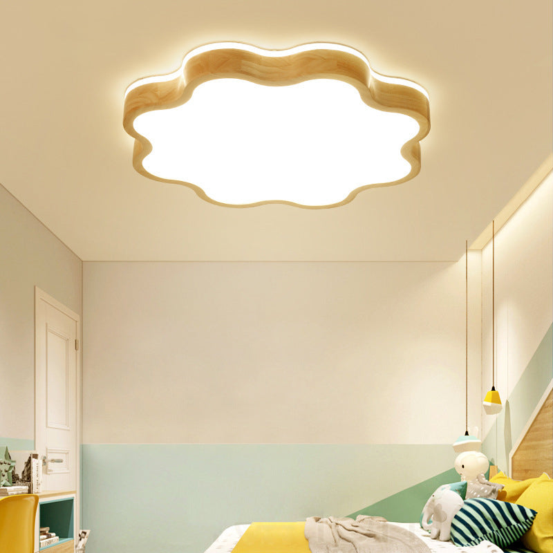 Wooden Flower Flush Mount Light with Simple Beige LED - Bedroom Lighting