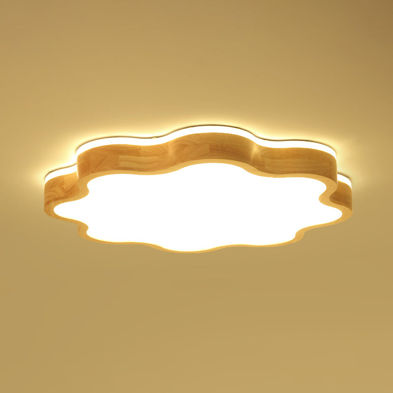Wooden Flower Flush Mount Light with Simple Beige LED - Bedroom Lighting
