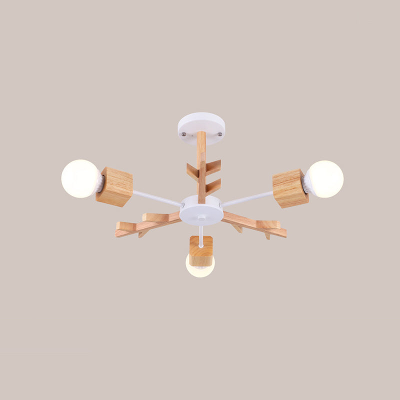 Wooden Nordic Beige LED Semi Flush Mount Ceiling Light for Bedroom