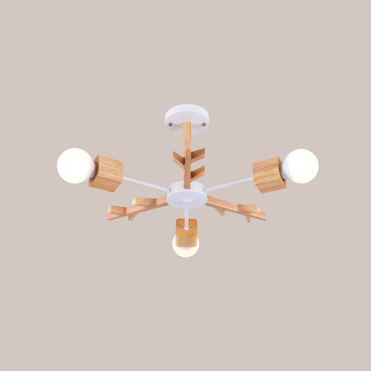 Wooden Nordic Beige LED Semi Flush Mount Ceiling Light for Bedroom