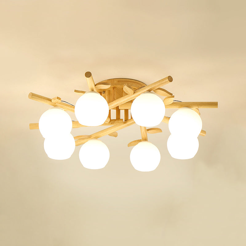 Nordic Wood Semi Flush Light with Cream Glass Sphere and Branch-Like Decor