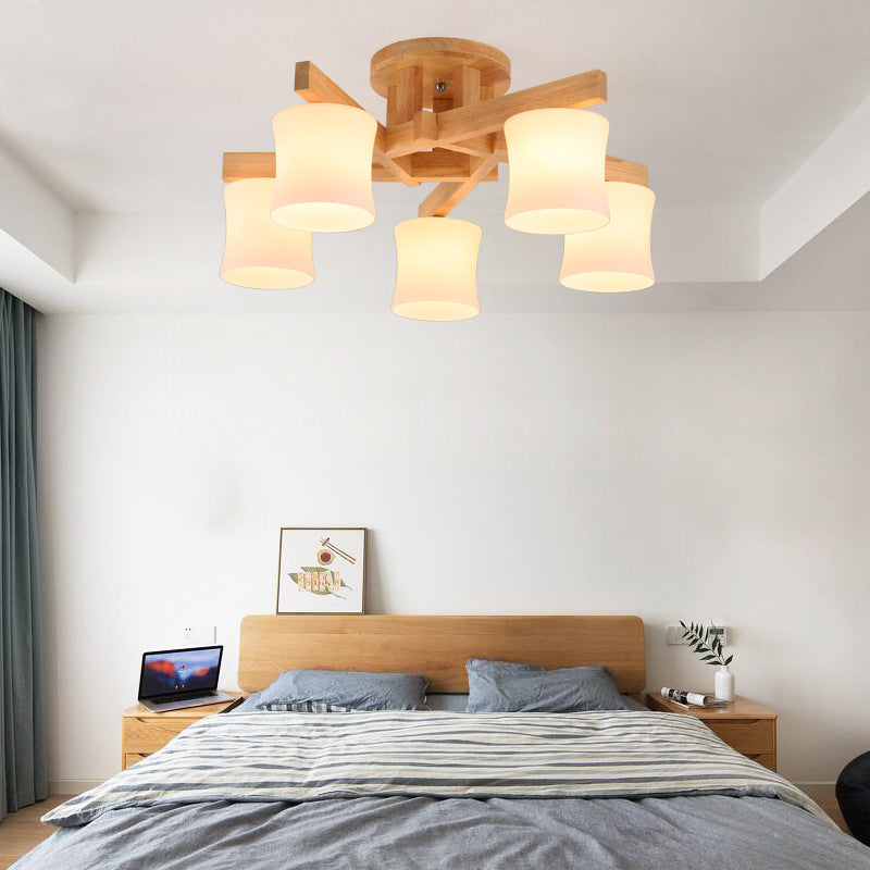 Contemporary Opal Glass Ceiling Flush Mount With Beige Semi Light Wood / Medium