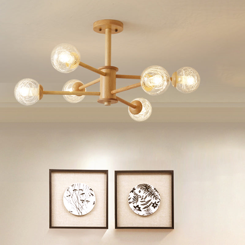Nordic LED Wooden Chandelier with 2-Tier Radial Beige Design and Clear Glass Shades