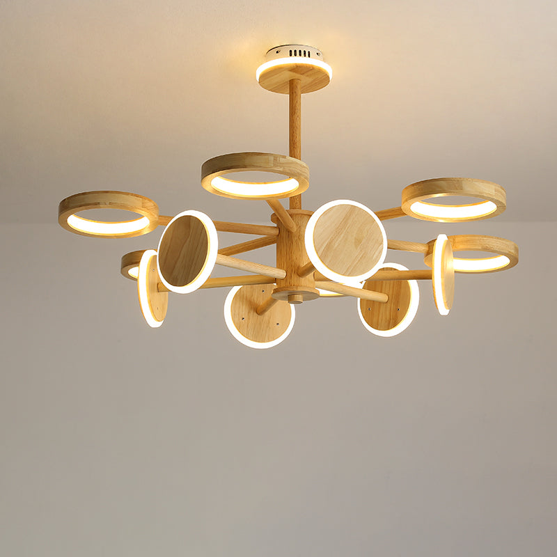 Lustre radial japonais en bois avec lumières LED pour la décoration du salon