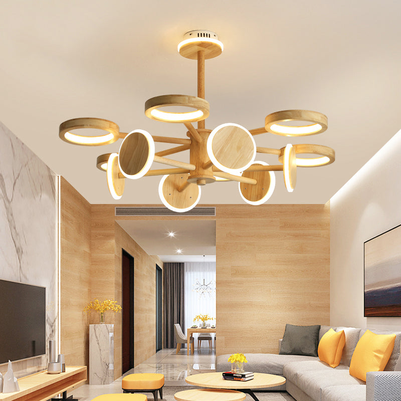 Lustre radial japonais en bois avec lumières LED pour la décoration du salon