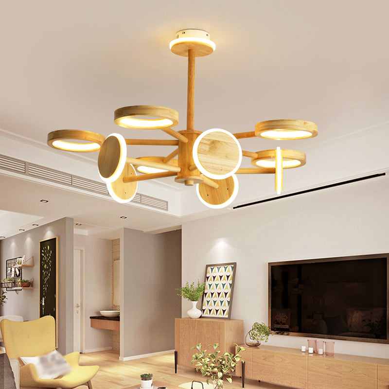 Lustre radial japonais en bois avec lumières LED pour la décoration du salon