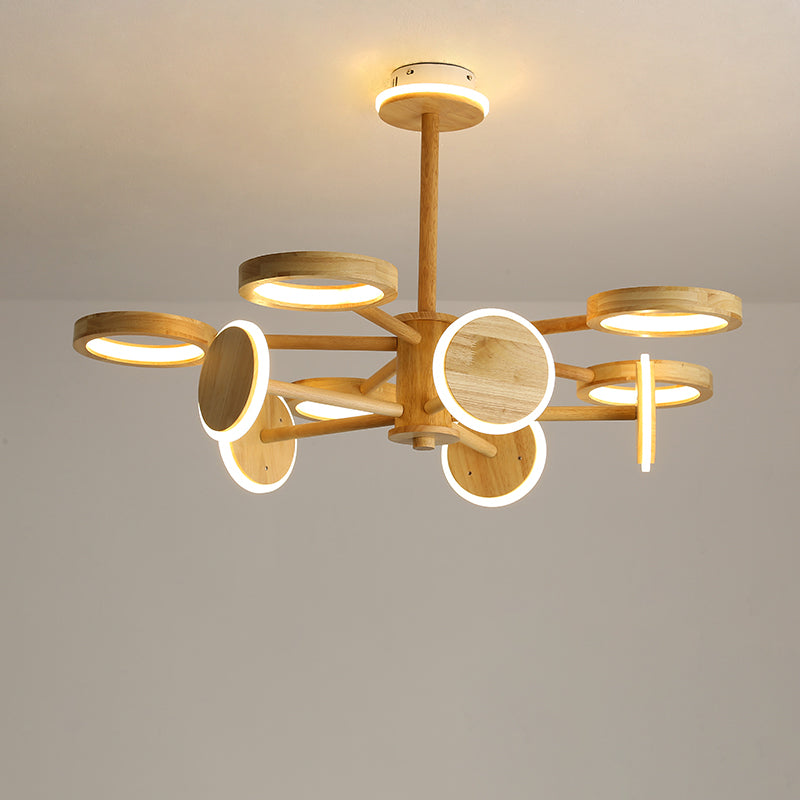 Lustre radial japonais en bois avec lumières LED pour la décoration du salon