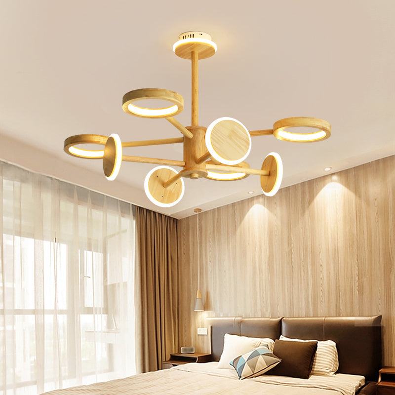 Lustre radial japonais en bois avec lumières LED pour la décoration du salon