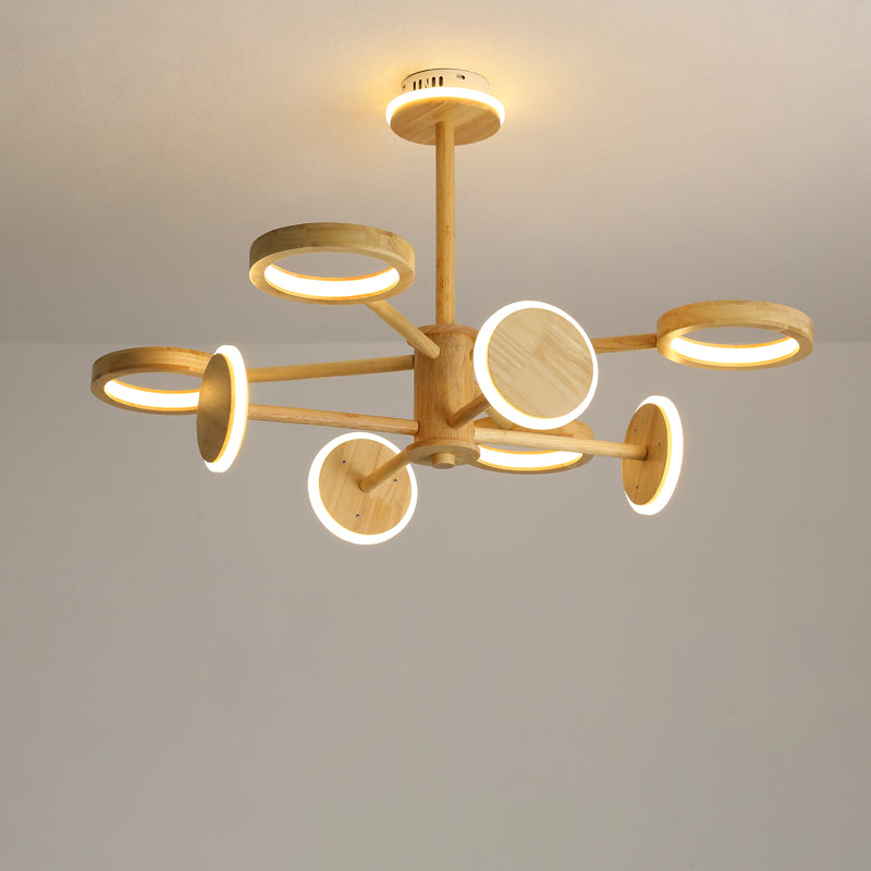 Lustre radial japonais en bois avec lumières LED pour la décoration du salon