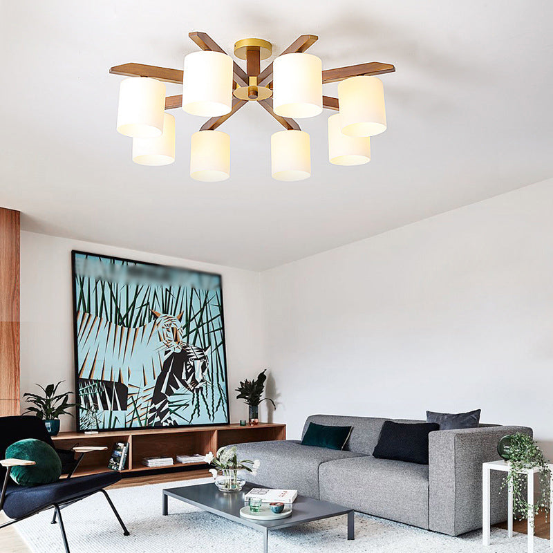 Sleek Beige Semi Mount Light Fixture with Cylinder Cream Glass Shade and Wooden Canopy