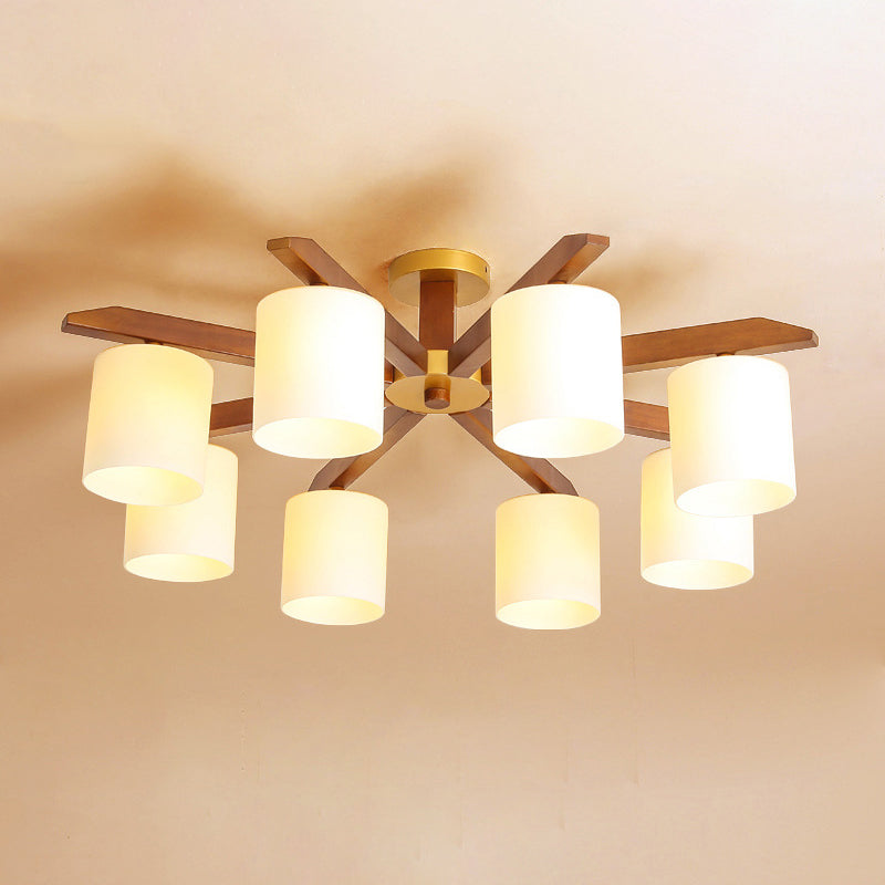 Sleek Beige Semi Mount Light Fixture with Cylinder Cream Glass Shade and Wooden Canopy