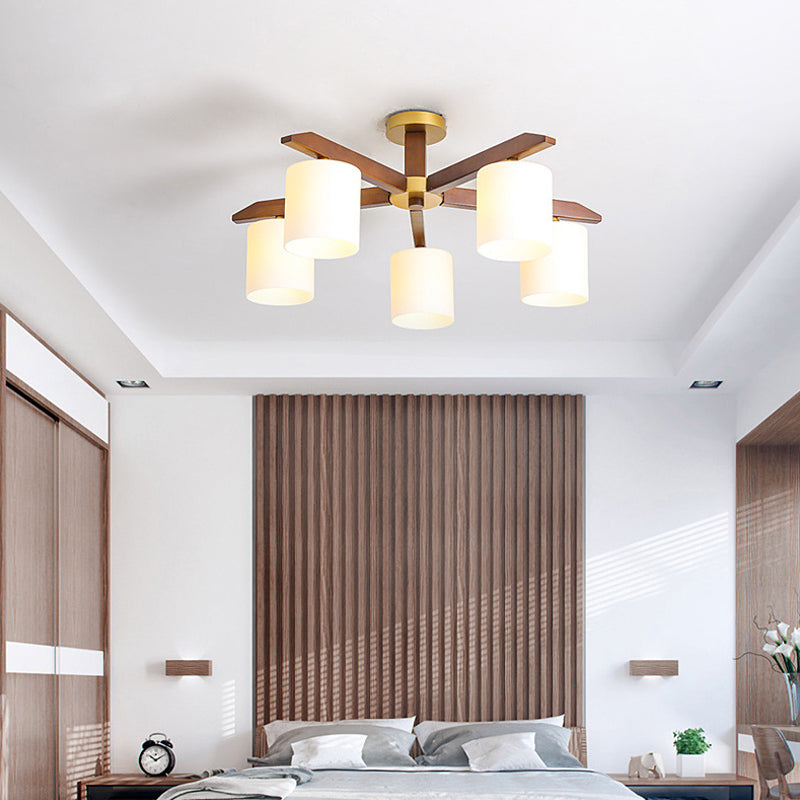 Sleek Beige Semi Mount Light Fixture with Cylinder Cream Glass Shade and Wooden Canopy
