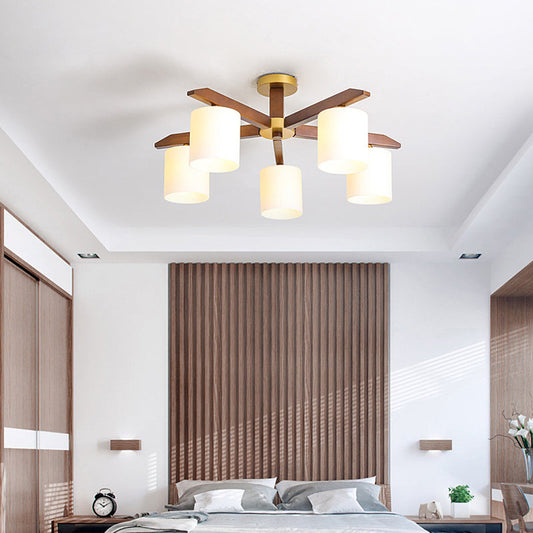 Sleek Beige Semi Mount Light Fixture with Cylinder Cream Glass Shade and Wooden Canopy