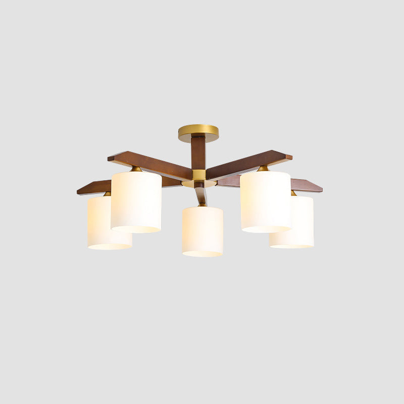 Sleek Beige Semi Mount Light Fixture With Cylinder Cream Glass Shade And Wooden Canopy
