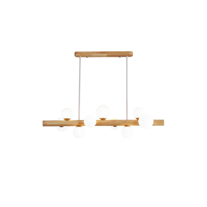 Sleek Wooden Led Ceiling Light: Linear Dining Room Island Chandelier With Cream Glass Shade