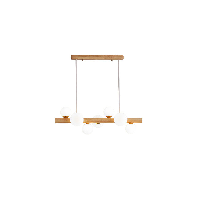 Sleek Wooden Led Ceiling Light: Linear Dining Room Island Chandelier With Cream Glass Shade