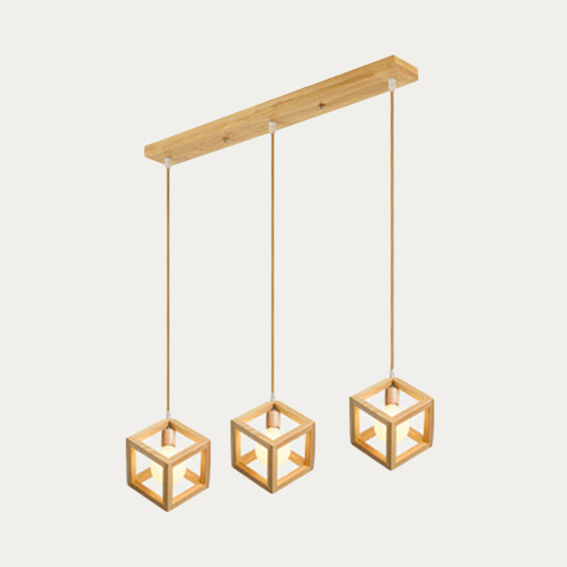 Simple Wooden Square Pendant Light with 3 Multi-Lights for Kitchen