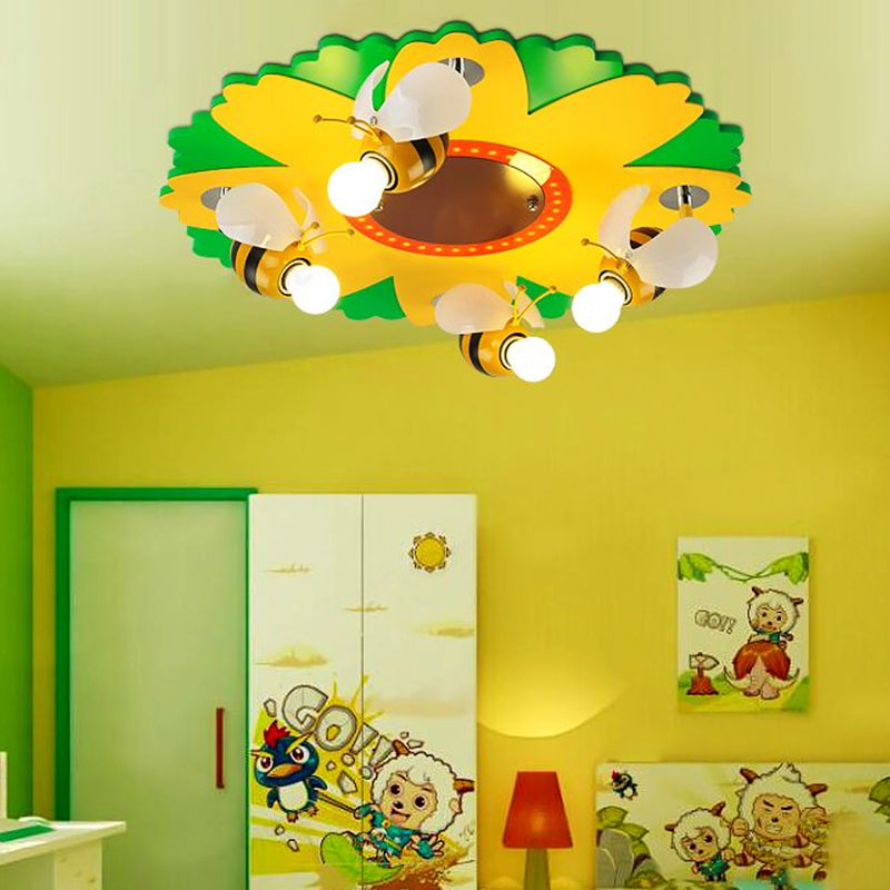 Cartoon Sunflower Ceiling Light with Bee Metal - 4 Bulbs - Yellow Bedroom Lamp