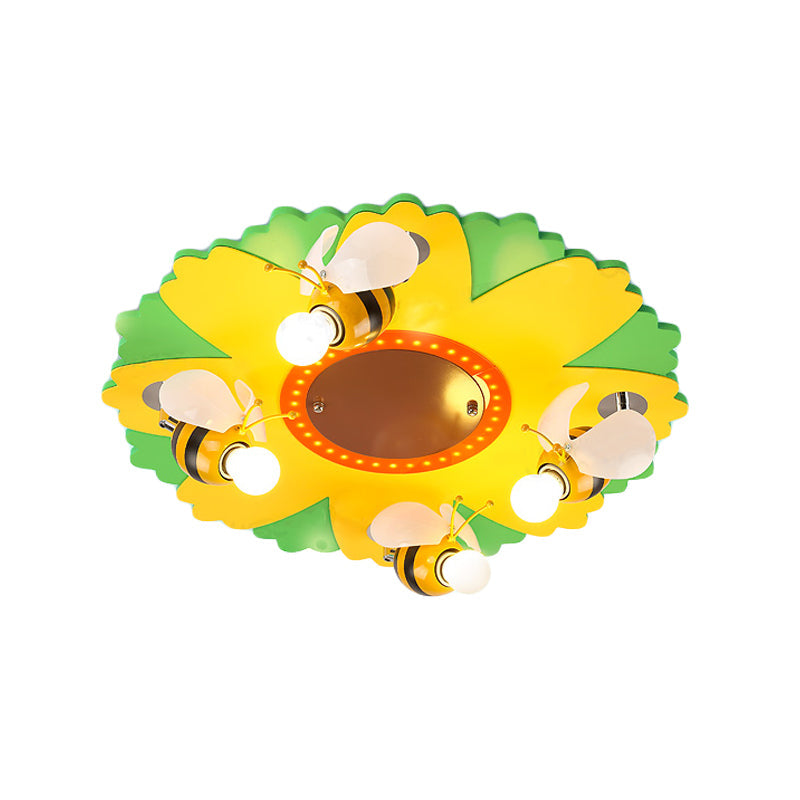 Cartoon Sunflower Ceiling Light with Bee Metal - 4 Bulbs - Yellow Bedroom Lamp