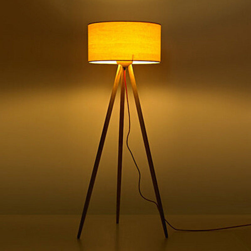 Simple Wooden Led Floor Lamp With Cylinder Shade Ideal For Bedroom - Beige