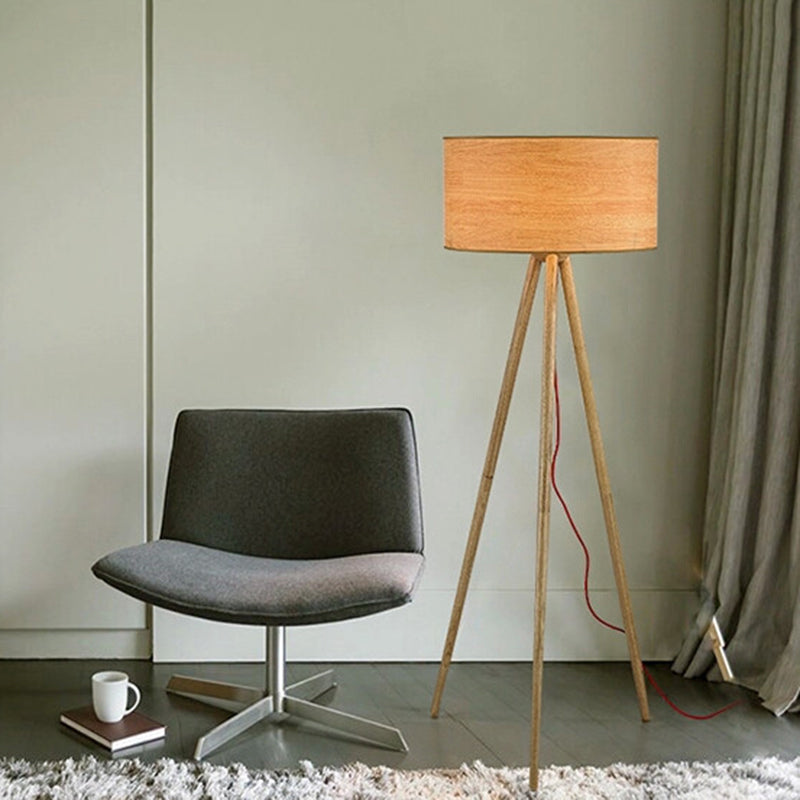 Simple Wooden Led Floor Lamp With Cylinder Shade Ideal For Bedroom - Beige