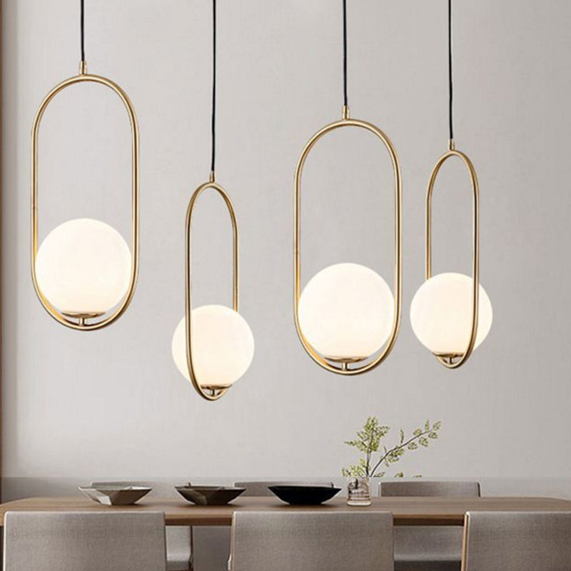 Modern Opal Glass Globe Pendant Light with Gold Finish and Oval Frame