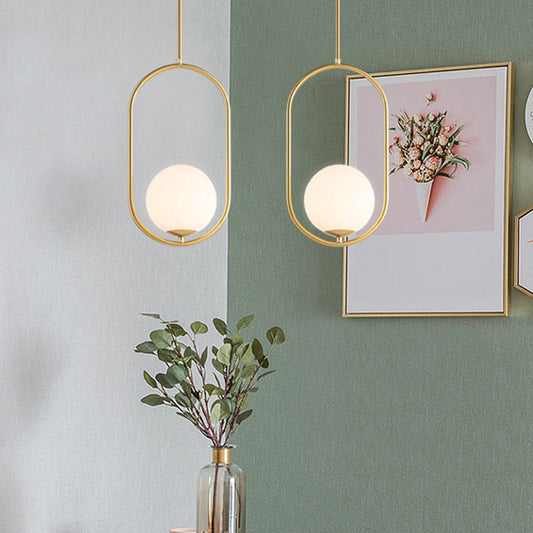 Modern Opal Glass Globe Pendant Light with Gold Finish and Oval Frame