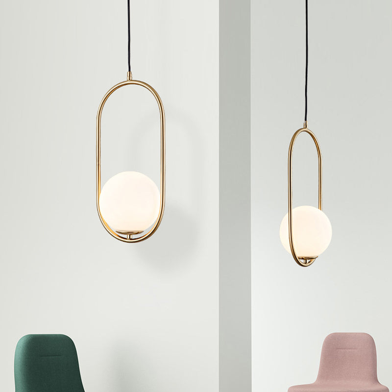 Modern Opal Glass Globe Pendant Light with Gold Finish and Oval Frame