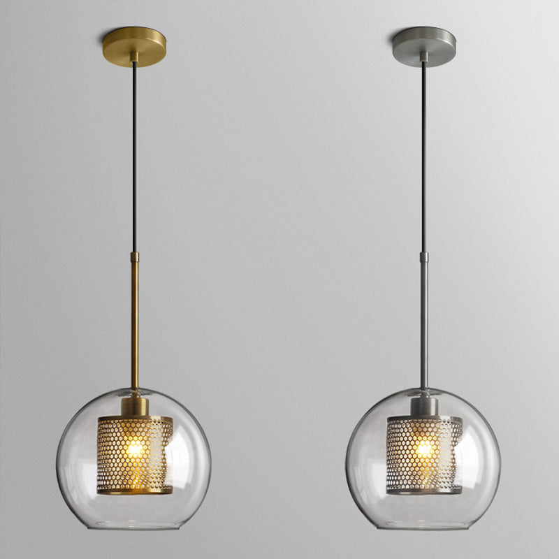 Modern Clear Glass Orb Pendant Light with Mesh Cage - Stylish Ceiling Hanging Lamp