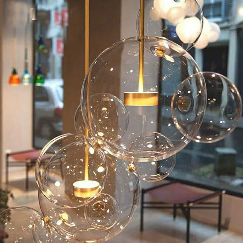 Minimal Brass Bubble Pendant Light with 5 Clear Glass Heads