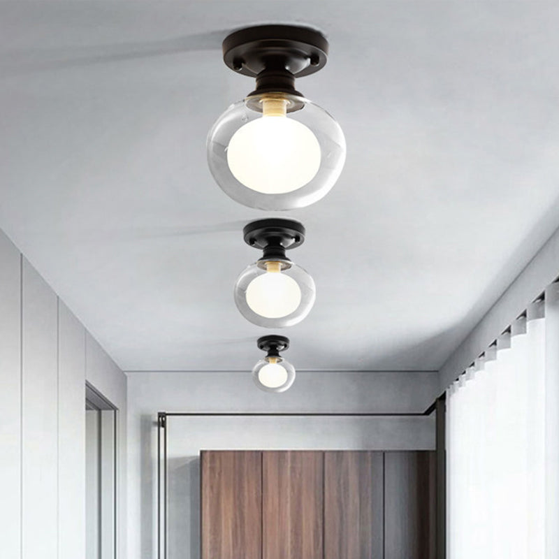 Modern Black Flush Mount Light Fixture with 1-Light, Globe Dual Glass Shade - Ideal for Corridors
