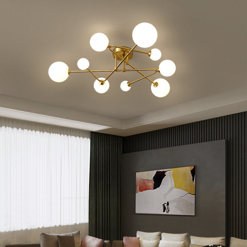 Opaline Glass Semi-Mount Ceiling Lamp In Gold For Living Room