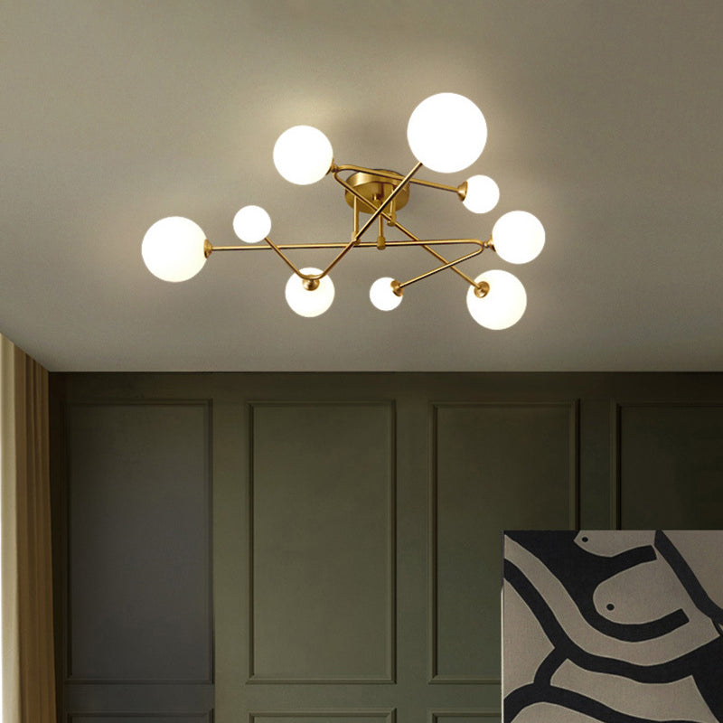 Opaline Glass Semi-Mount Ceiling Lamp in Gold for Living Room