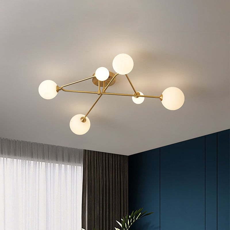 Opaline Glass Semi-Mount Ceiling Lamp in Gold for Living Room