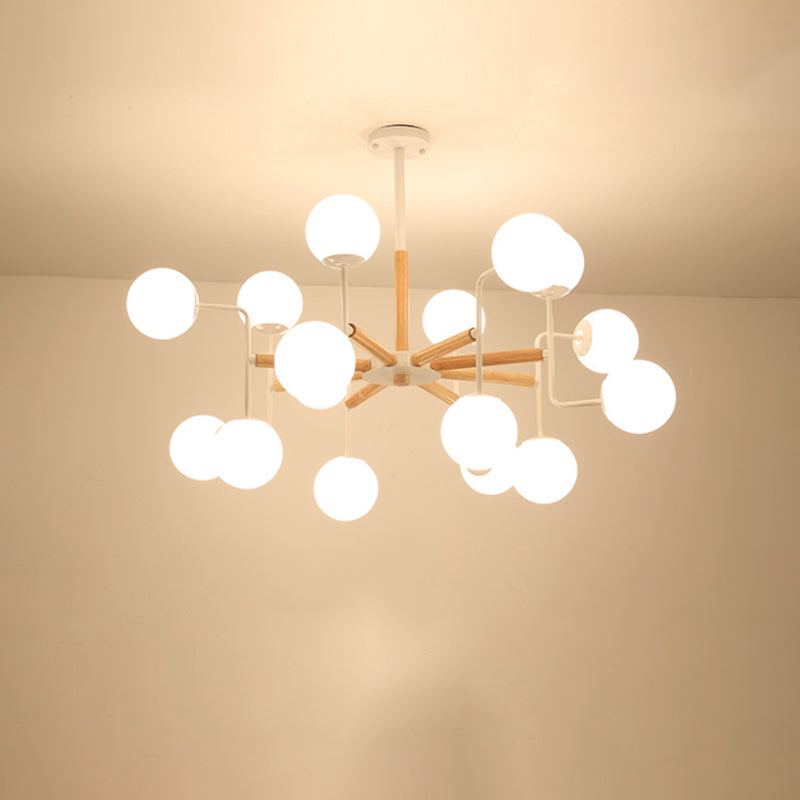 Wood Spherical Pendant Chandelier with Opaline Glass Shade