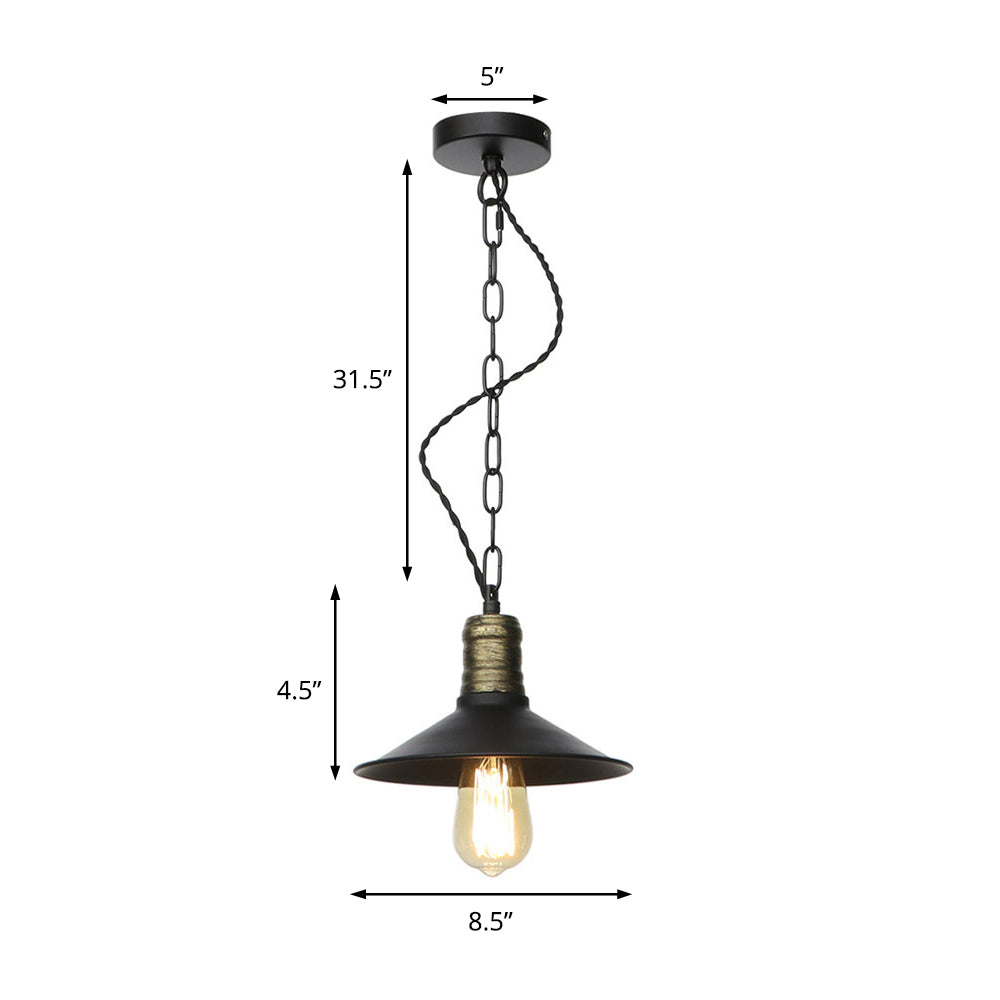 Suspension en fer forgé noir - Plafonnier rétro à 1 lampe pour salon (7"/8,5"/10" de large)