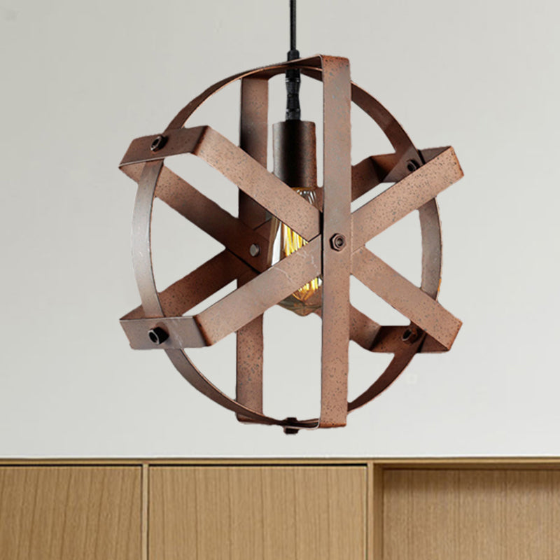 Rustic Rust Iron Round Cage Pendant Light - 1-Light Hanging Ceiling Fixture For Dining Room
