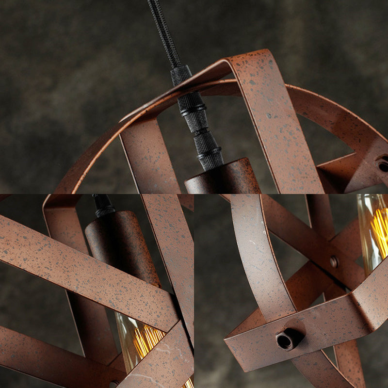 Rustic Rust Iron Round Cage Pendant Light - 1-Light Hanging Ceiling Fixture For Dining Room