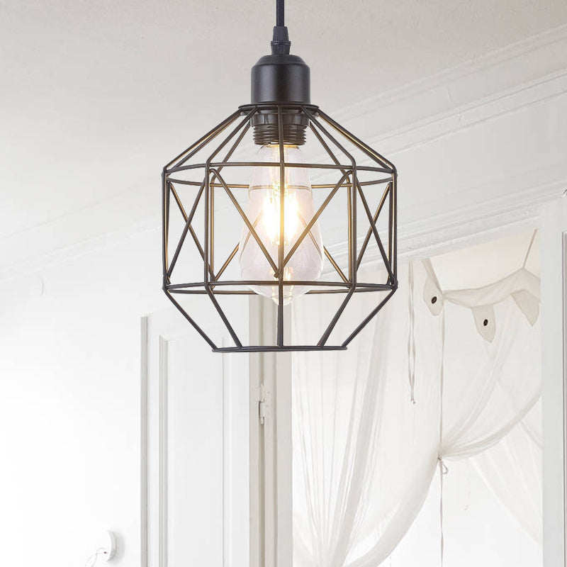 Vintage Black Metal Prism Cage Pendant Lamp - Ideal for Dining Room - 1-Light Hanging Light Fixture