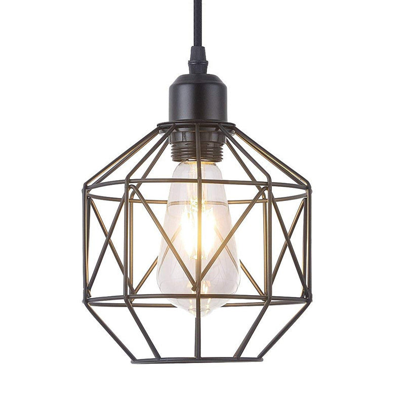 Vintage Black Metal Prism Cage Pendant Lamp - Ideal for Dining Room - 1-Light Hanging Light Fixture