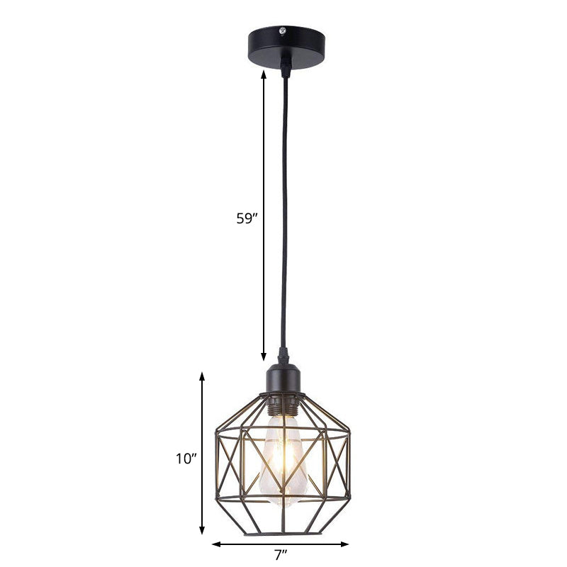 Vintage Black Metal Prism Cage Pendant Lamp - Ideal for Dining Room - 1-Light Hanging Light Fixture