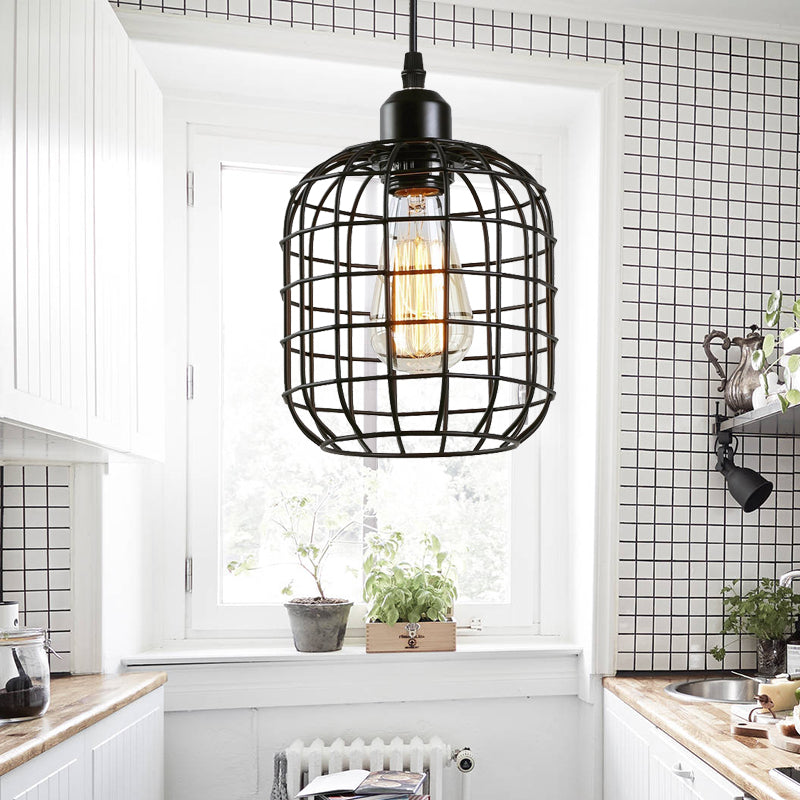 Retro Black Metal Hanging Pendant Light 1-Light Cage Design For Restaurant Ceiling