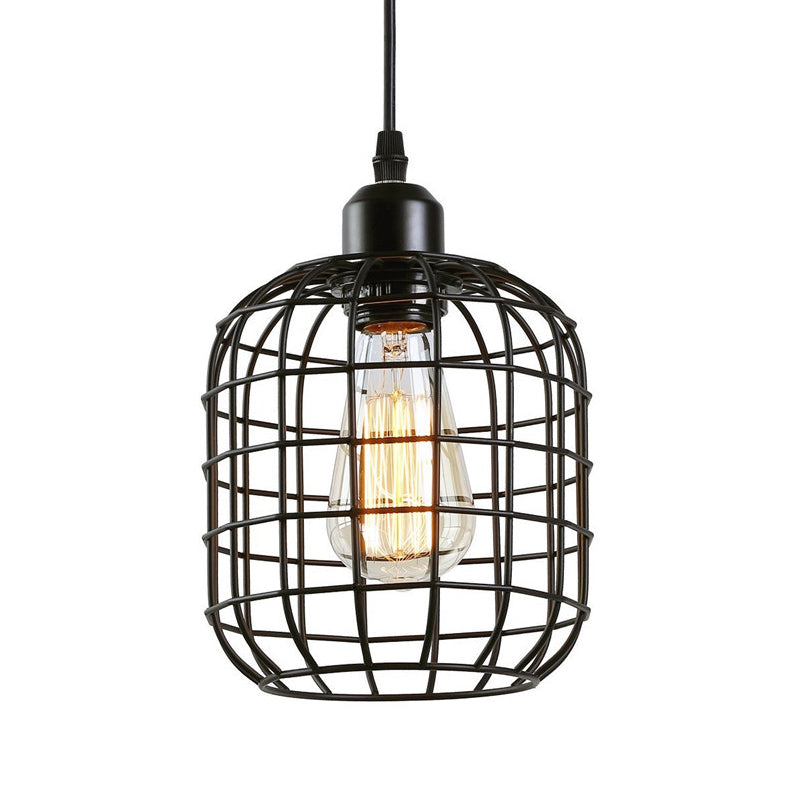 Retro Black Wire Cage Pendant Light for Restaurant - 1-Light Cylindrical Design