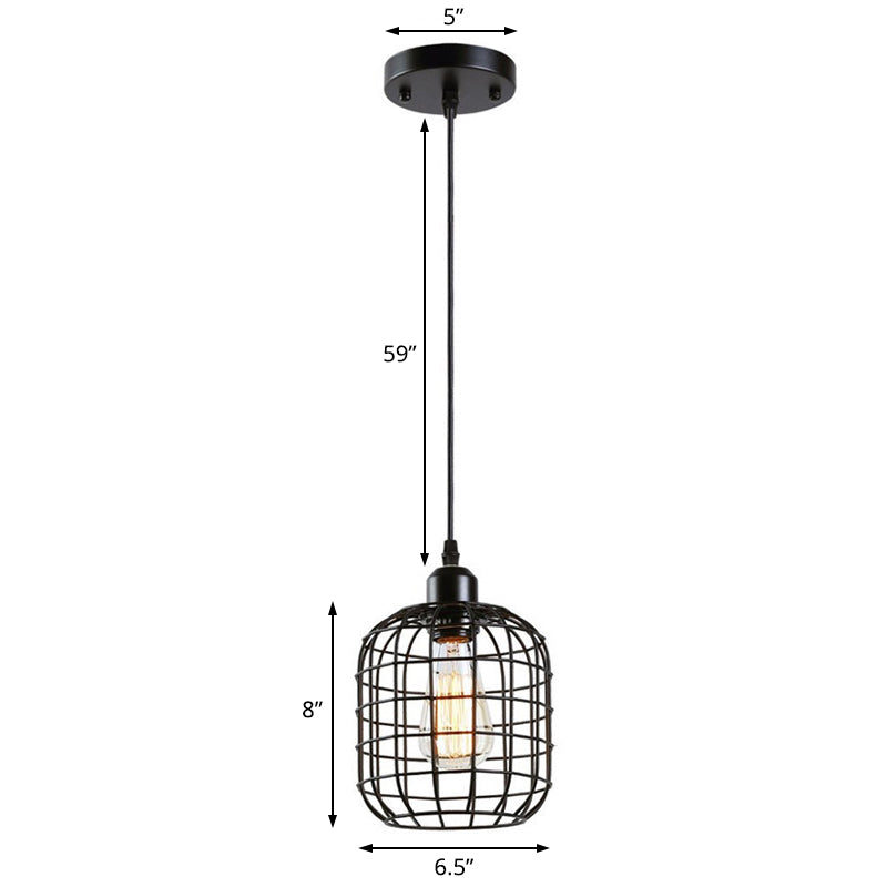 Retro Black Wire Cage Pendant Light for Restaurant - 1-Light Cylindrical Design