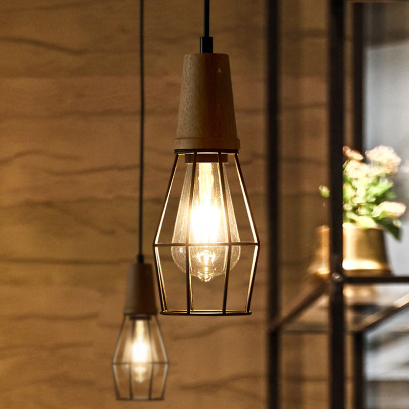 Lampe à suspension géométrique en fer avec plateau en bois - Plafonnier de style industriel pour chambre à coucher