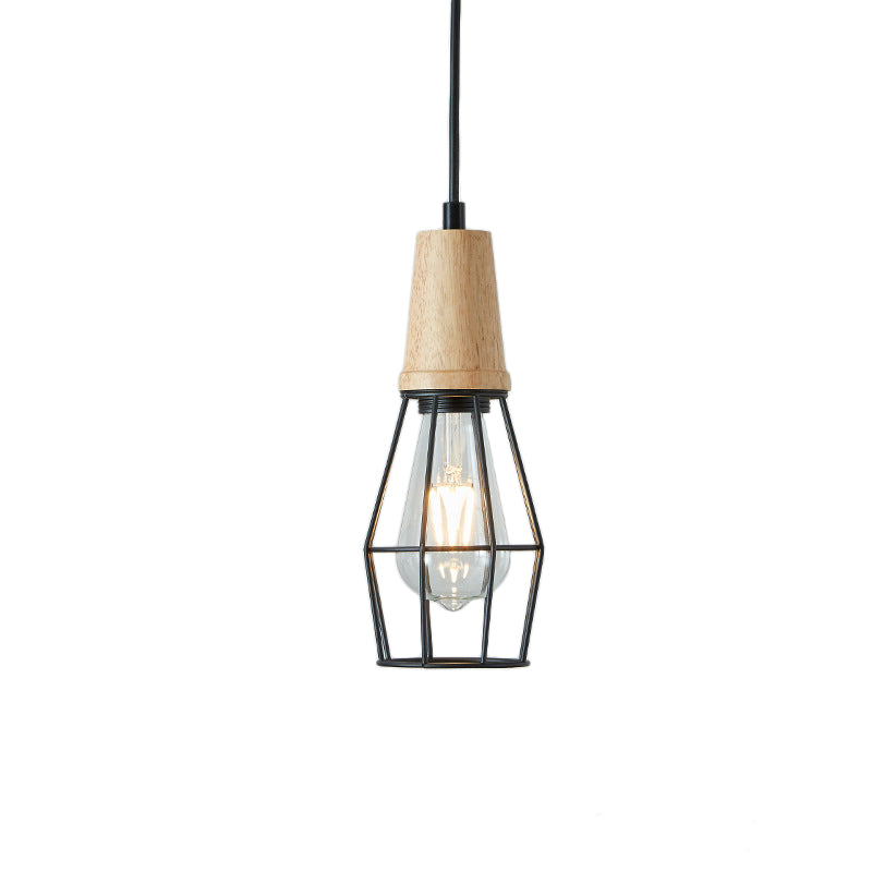 Lampe à suspension géométrique en fer avec plateau en bois - Plafonnier de style industriel pour chambre à coucher