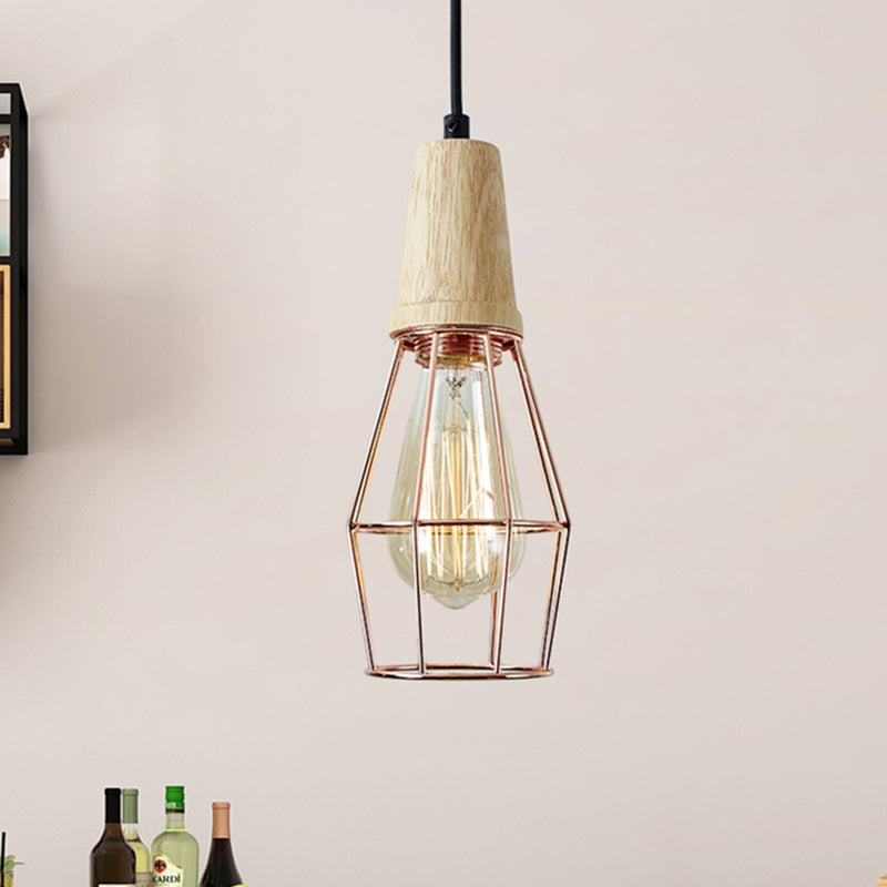 Lampe à suspension géométrique en fer avec plateau en bois - Plafonnier de style industriel pour chambre à coucher