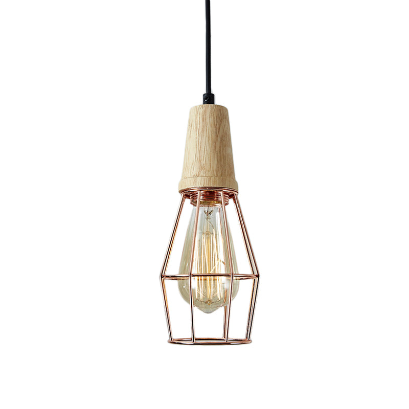 Lampe à suspension géométrique en fer avec plateau en bois - Plafonnier de style industriel pour chambre à coucher